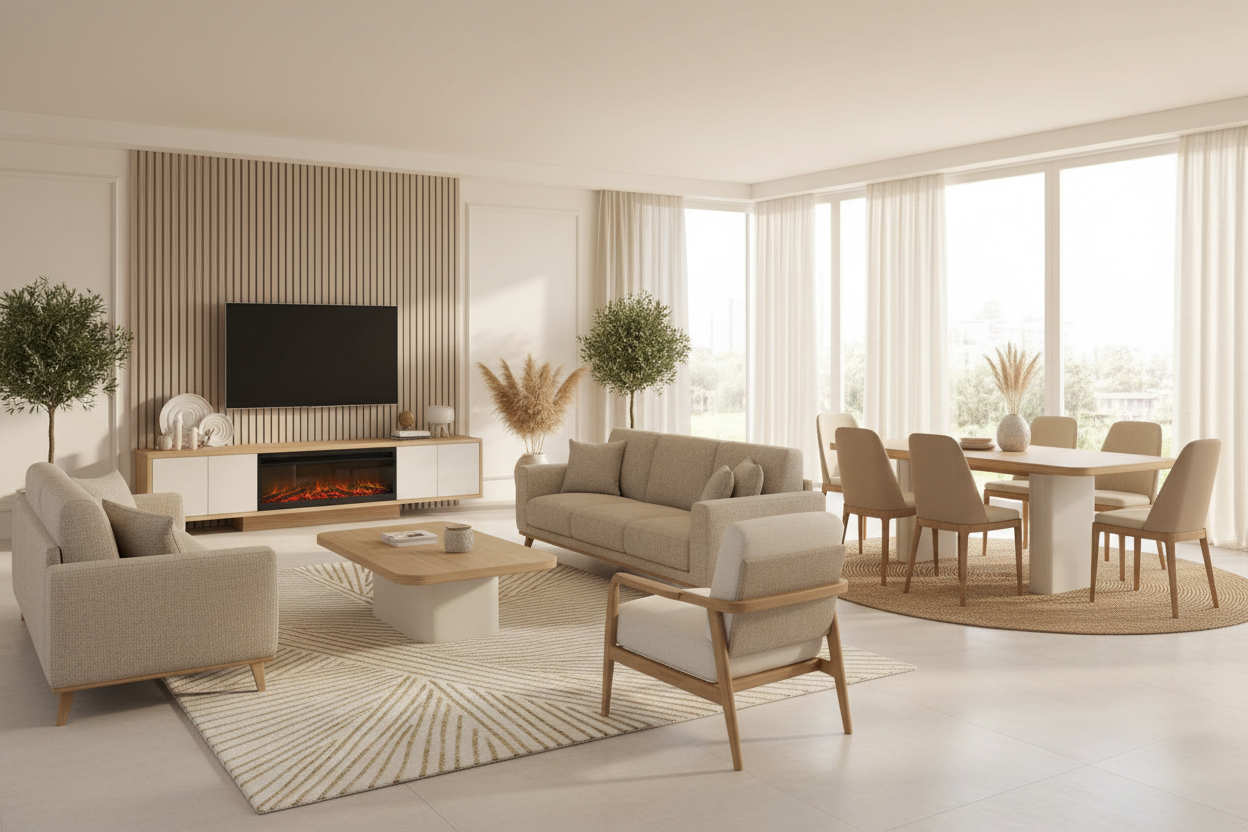 salon complet avec meuble de télé  et salle à manger